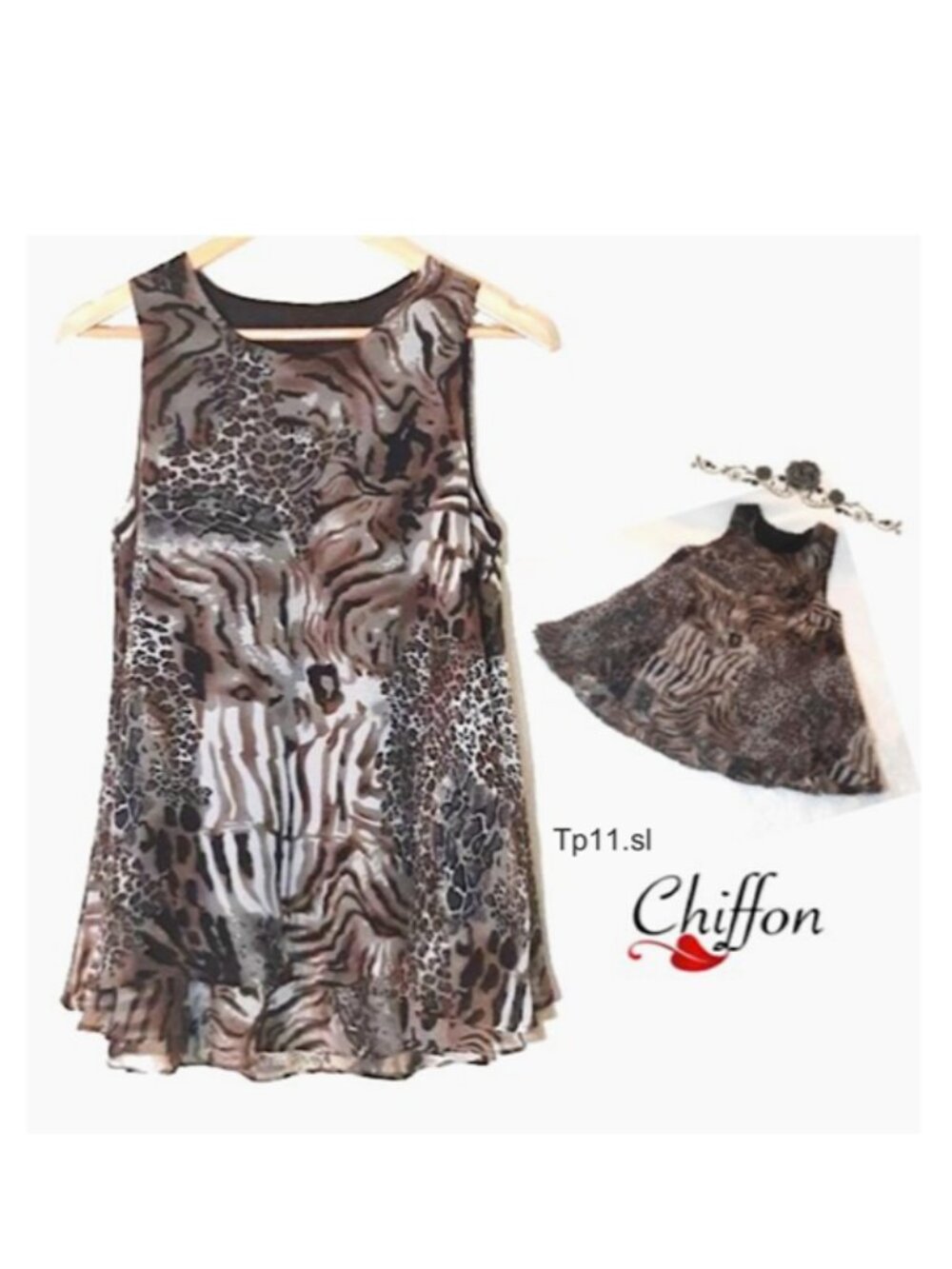 Silky Soft Chiffon Tunic Top Round Neck Brown Black Animal Print Sleeveless, M